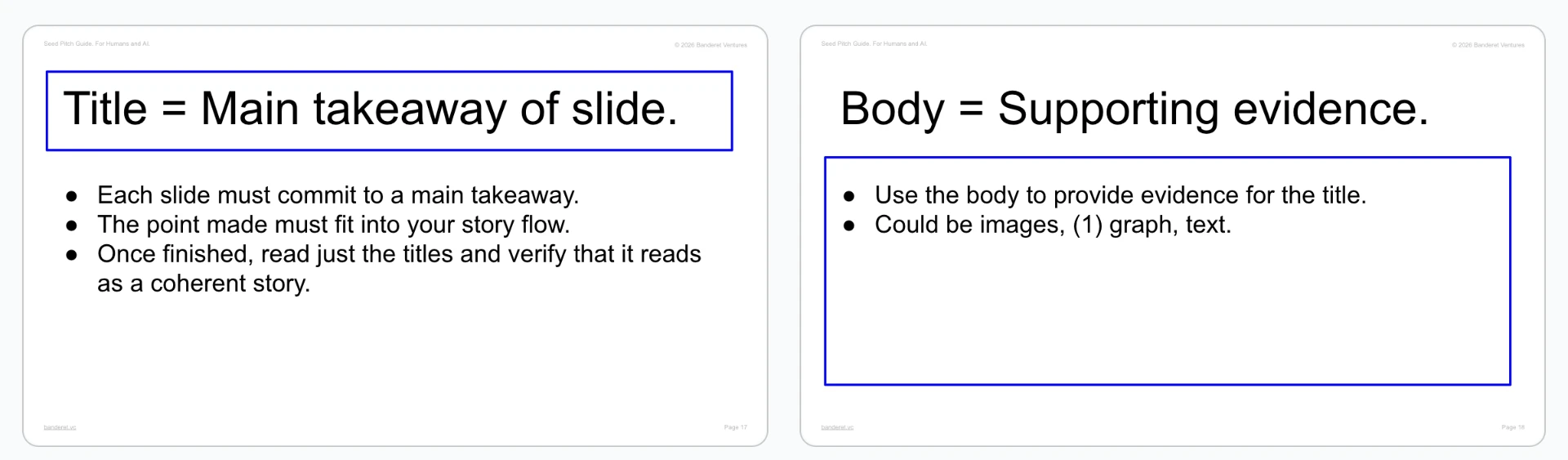 Title equals main takeaway of slide; body equals supporting evidence